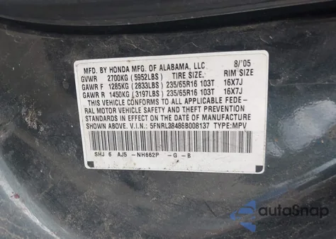 2006 Honda Odyssey Ex from USA, damaged, VIN 5FNRL38486B008137